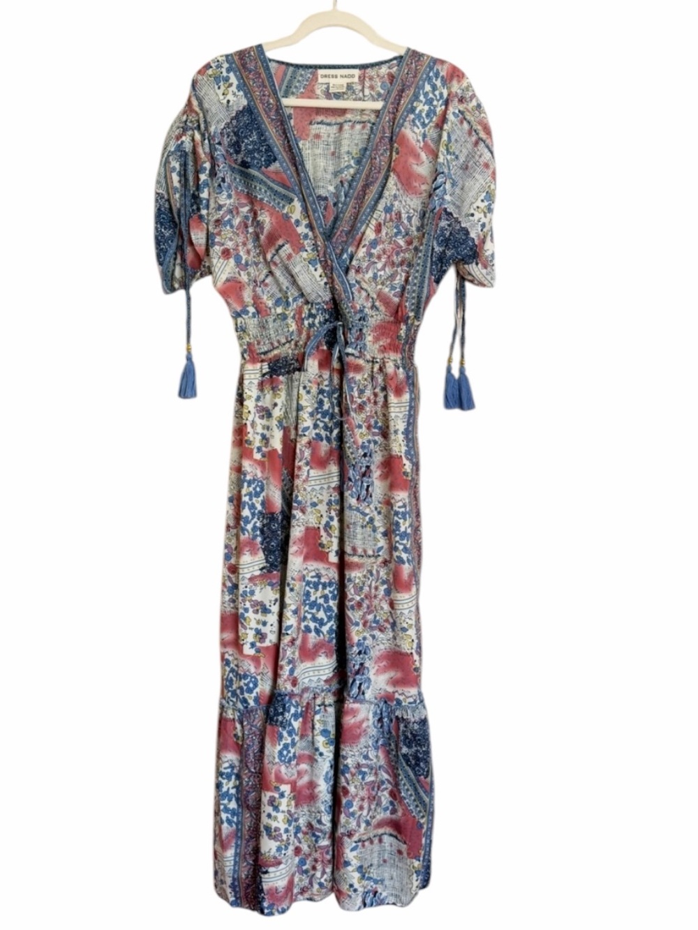 Boho V Neck Maxi Dress in Blue and Rust